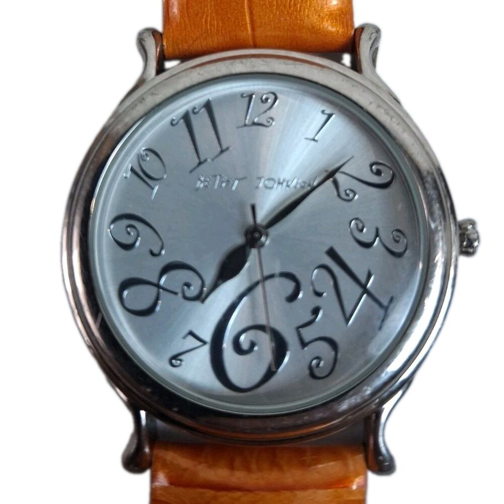 Vintage Betsey Johnson BJ2189 Orange Leather Watch Silver Whimsical Dial